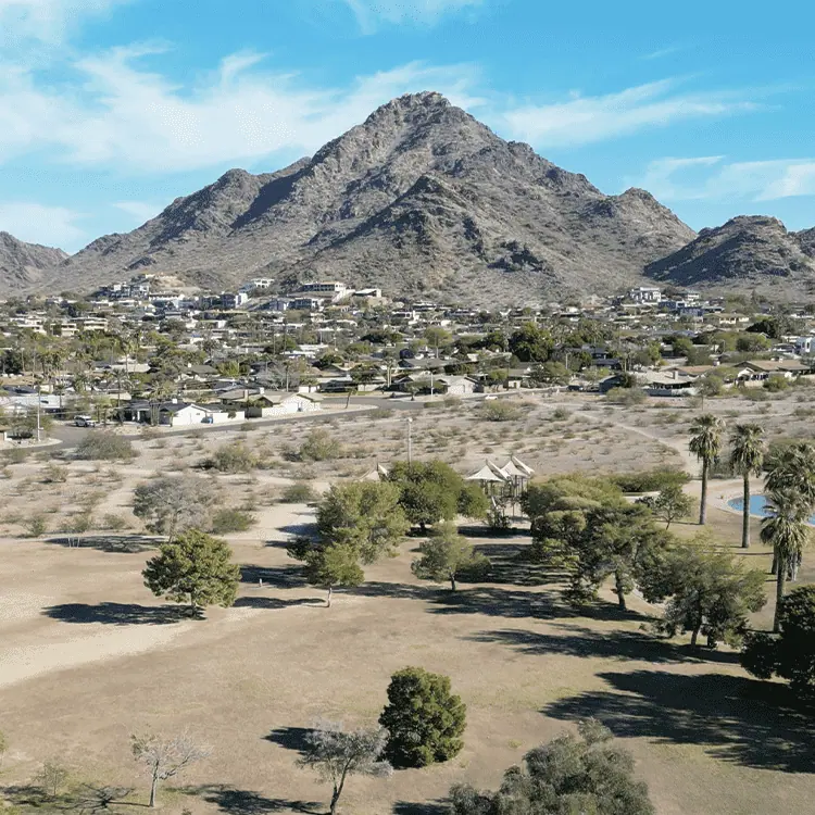 Aerial view of Granada Park with Piestewa Peak behind