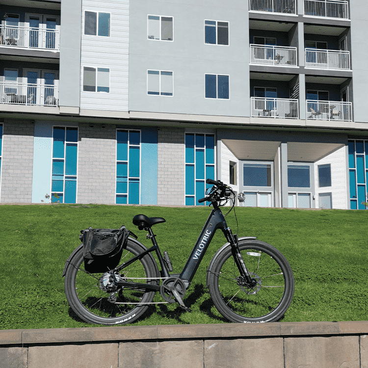 Electric mountain bike with battery pack.